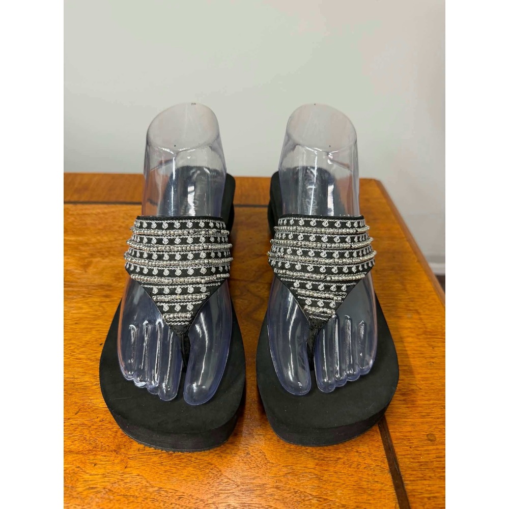 Vtg Somethin Else by Skechers‎ 9 Black Beaded Platform Wedge Flip Flops Sandals